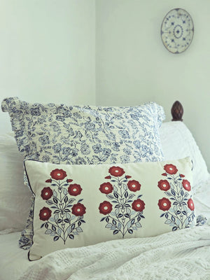 White and Blue Floral Ruffled Euro Sham with Embroidered Red White and Blue  Folk Flower Pillow 
