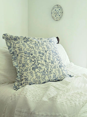 White and Blue Floral Ruffled Euro Sham