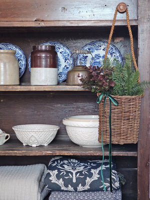 Willow Hanging Basket with Maroon Eucalyptus and Douglas Fir Picks