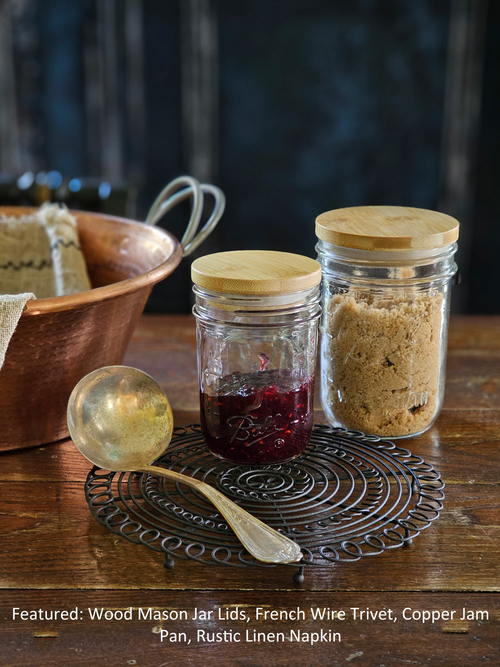 Wood Mason Jar Lids Farmhouse Wares   Wood Mason Jar Lid With Copper Jam Pan And Trivet TXT 2000x 