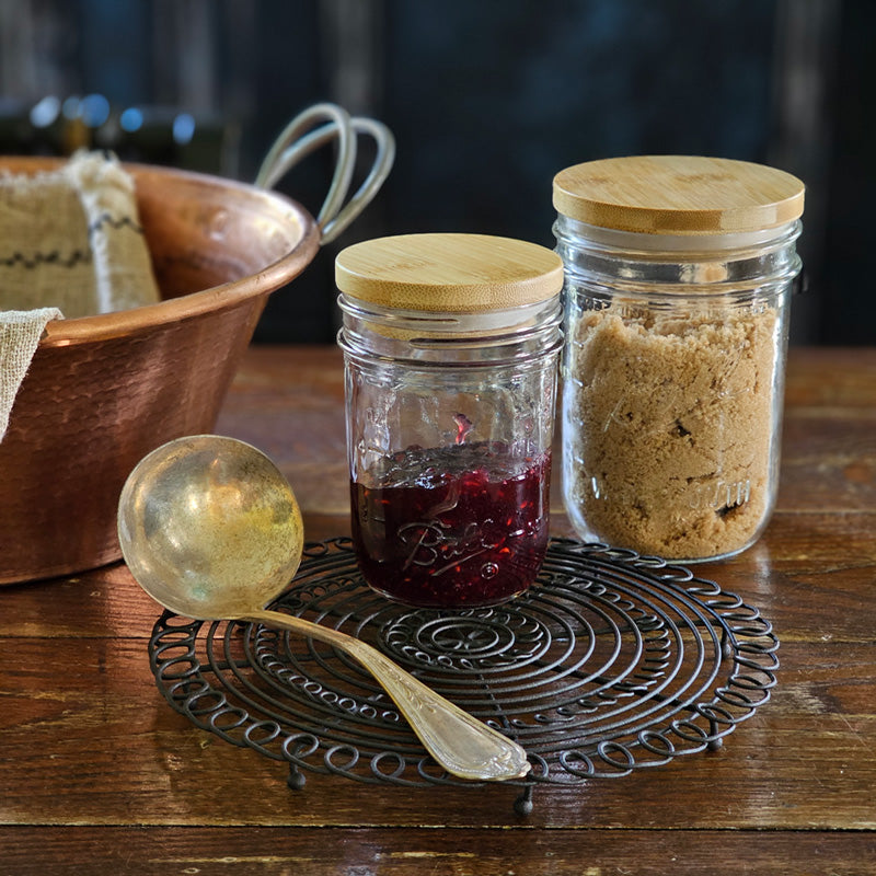 Wood Mason Jar Lids with French Wire Trivet and Copper Jam Pan