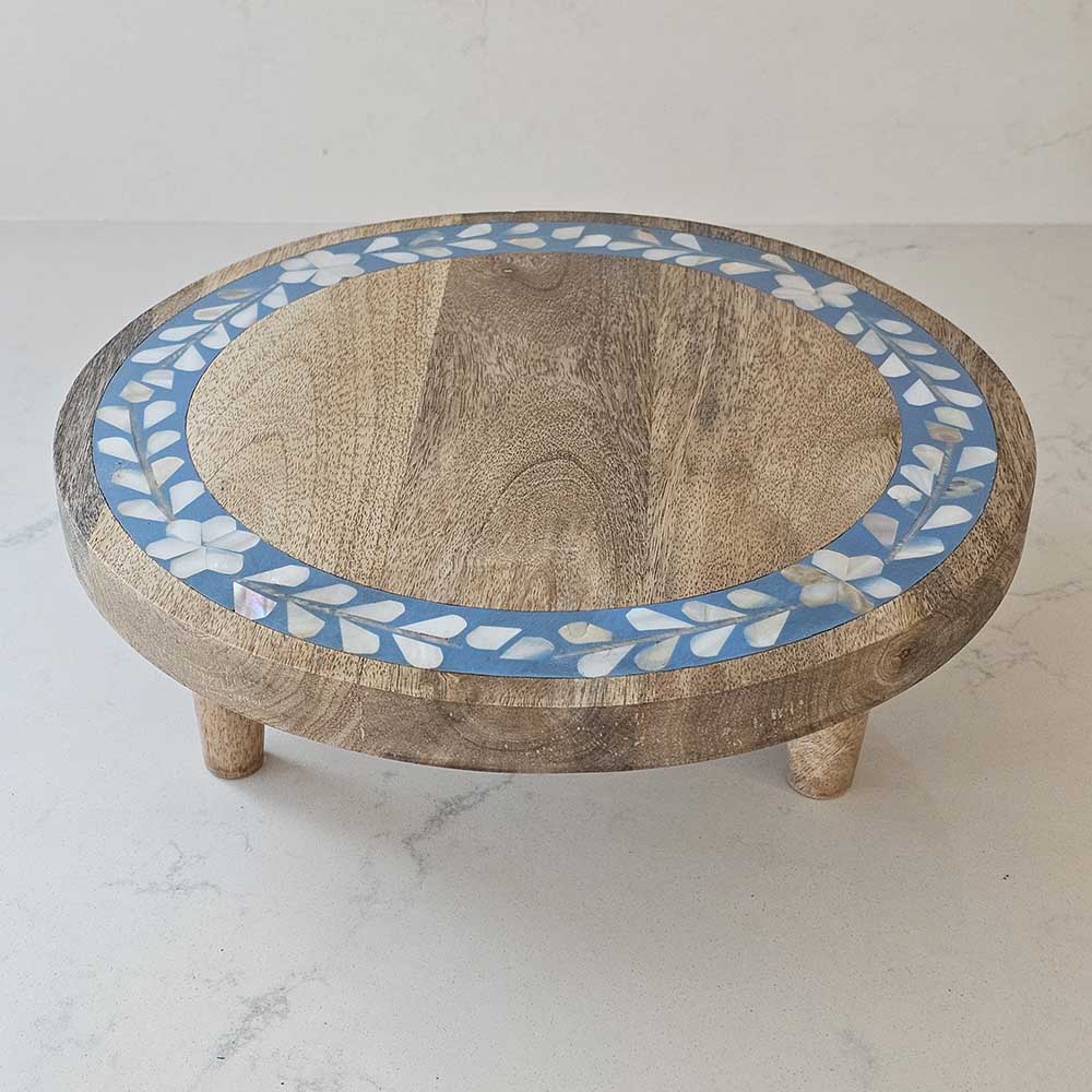 Wood Riser with Blue Inlay Design