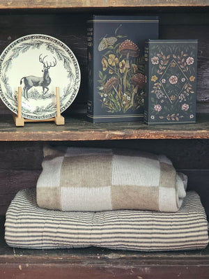 Woodland Book Box Set, Woodland Cottage Style Book Box , Mushroom Book Box, Folk Art Book Box, Deer Plates, Charcoal Ticking Stripe Quilt, Knit Throw