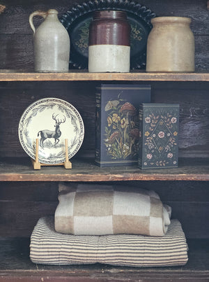 Woodland Book Box Set, Woodland Cottage Style Book Box , Mushroom Book Box, Folk Art Book Box, Deer Plates, Charcoal Ticking Stripe Quilt, Knit Check Throw