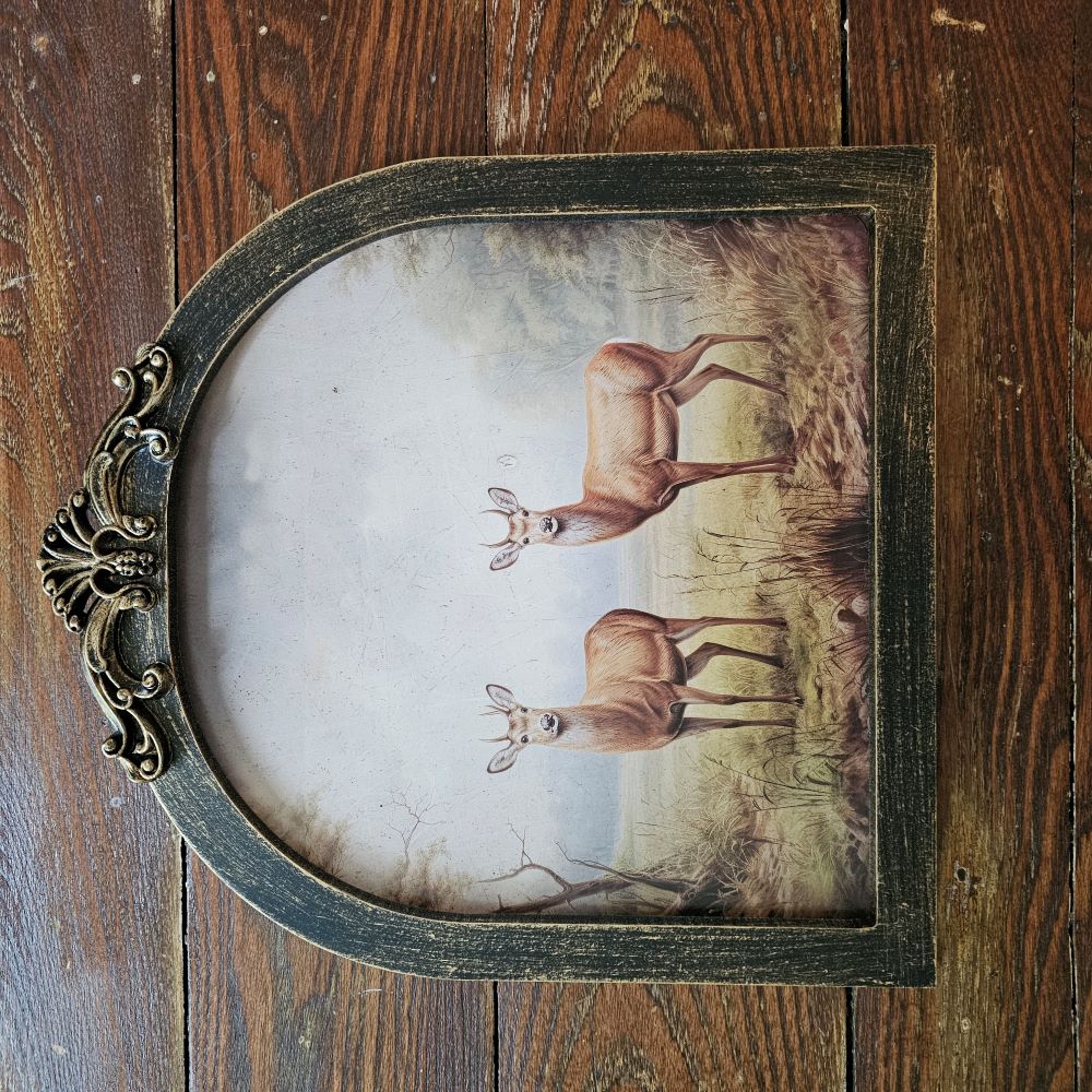 The Woodland Bucks Framed Wall Art adds a touch of old-world charm to any living space. The oval-top frame offers a unique touch. It&nbsp;features a molded ornate design with metallic antique golden wash over black for a vintage look. This deer print will bring a cozy, woodland feel into your home. Frame is plastic with no glass, making it light and easy to hang. 12"L&nbsp; x 12"W x&nbsp; 1.8"H&nbsp; 