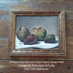 This Vintage Art Print, Still Life with Fruit adds an enchanting charm to any room. Maroon, browns, and dark greens blend together to create this dreamy still-life. The art is printed on high quality card stock with archival ink. Original art has been digitally retouched to preserve characteristics, grain and cracks. Image size: 10"x 8". Print only. No frame included.