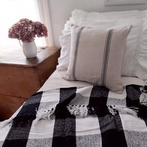 This double-sided pillow case features a vintage, distressed style with ticking style black stripes on each side. The Black Stripe Grain Sack Pillow Case has the look of well-worn feed sack material. Its warm oatmeal color and black stripes give it French Country farmhouse charm. Zippered edge for easy removal. Machine Wash. 16” Square 