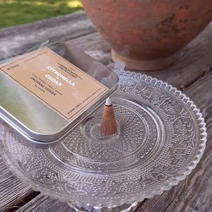 From the backyard to the back-country, these Citronella and Cedar Incense Cones are a must-have for the great outdoors. Citronella blended with the woody notes of cedar infuses your surroundings with the scent of summer campfires while you keep the bugs at bay. For outdoor use. Made in the USA