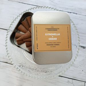 From the backyard to the back-country, these Citronella and Cedar Incense Cones are a must-have for the great outdoors. Citronella blended with the woody notes of cedar infuses your surroundings with the scent of summer campfires while you keep the bugs at bay. For outdoor use. Made in the USA