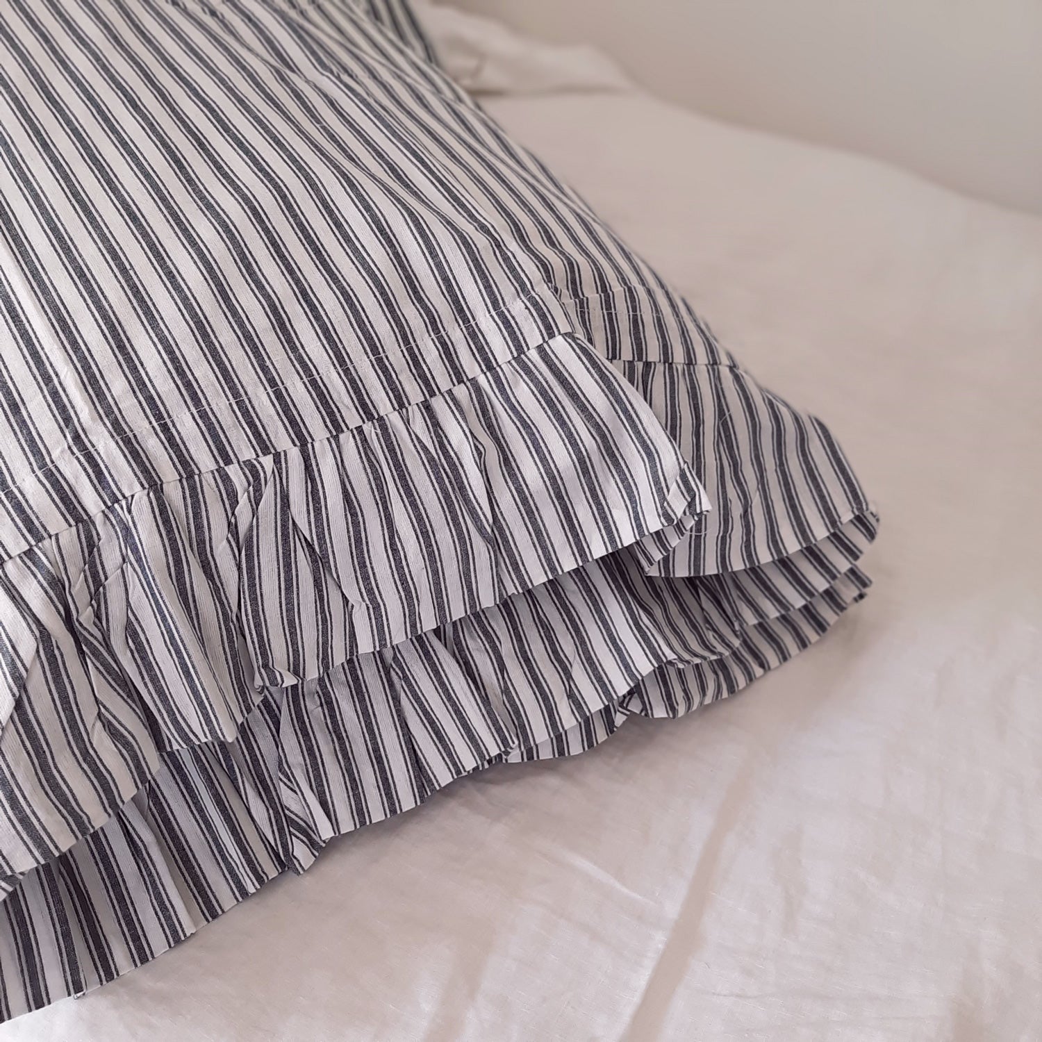 Chatham Blue Ticking Stripe and Ruffles Pillow Case Set Farmhouse Wares