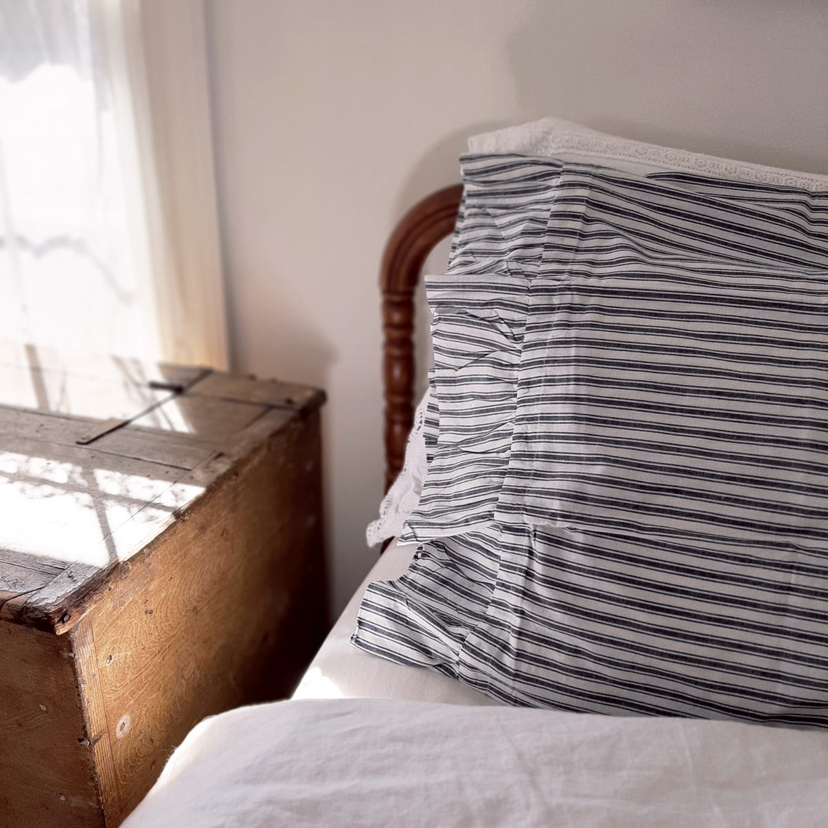 Chatham Blue Ticking Stripe and Ruffles Pillow Case Set Farmhouse Wares