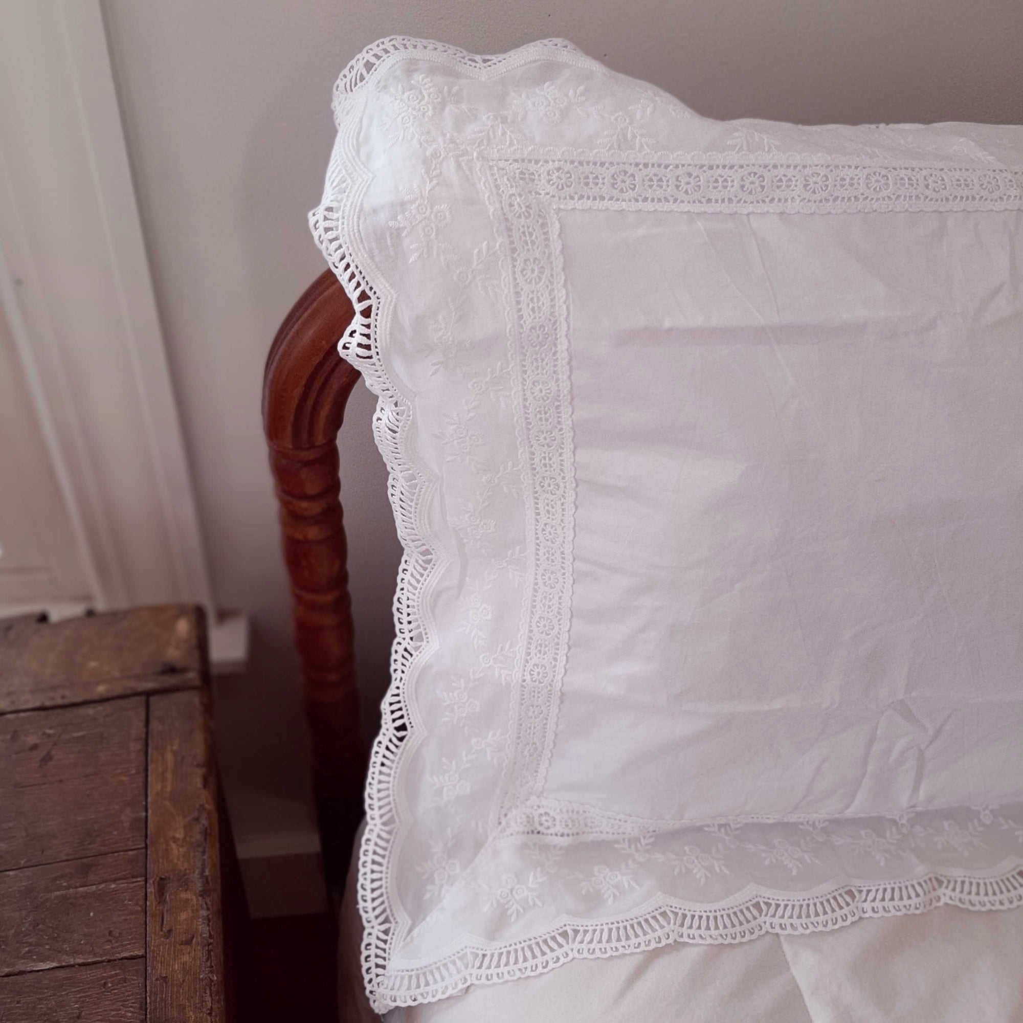 Our Embroidery and Lace Pillow Sham lends a sweet cottage style and create instant vintage charm. This crisp-white sham  features beautiful edging all around with detailed lace and delicate embroidered flowers. This lace edge sham will add texture and a charming vintage look to your room.  Made with 100% cotton, our Embroidery and Lace Pillow Sham has a vintage cotton quality that is soft and breathable without static cling.