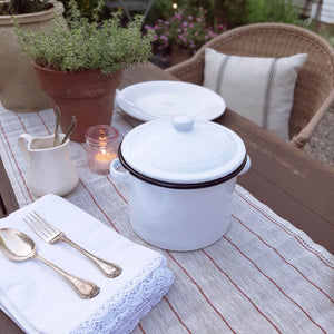 Serve up instant farmhouse charm with this small White Enamel Stock Pot. The white enamel pot, with black rim, adds vintage kitchen style easily. The small pot with lid makes it a snap to keep food warm while entertaining in style.  Item is food, oven and dishwasher safe. Measures 5" high (6.5"H with Lid) by 7" in diameter. Do not microwave.