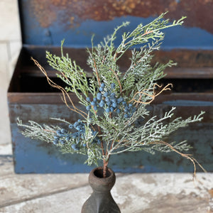 Our Frosty Blue Cedar Berry Spray is a serene mix of cedar and blue berries with a light representation of snow. This faux cedar pick makes a great filler for baskets, bowls and pots. The Frosty Blue Cedar Berry Spray adds an down-to-earth feel to your farmhouse decor. Perfect for adding cabin style or a rustic twist, this realistic greenery provides a charming decorative accent all winter long.  16"H