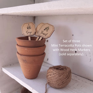 Our Mini Terracotta Pots make a great accent for any shelf or tabletop. Each pot looks weathered and worn, as though it was just found in the corner of an old potting shed. Start seeds or stack them on a shelf for a rustic look. Pots do not include hole for drainage. Set of three. Herb Markers sold separately. Color and shape may vary. 2.75" Diam x 2.5"H