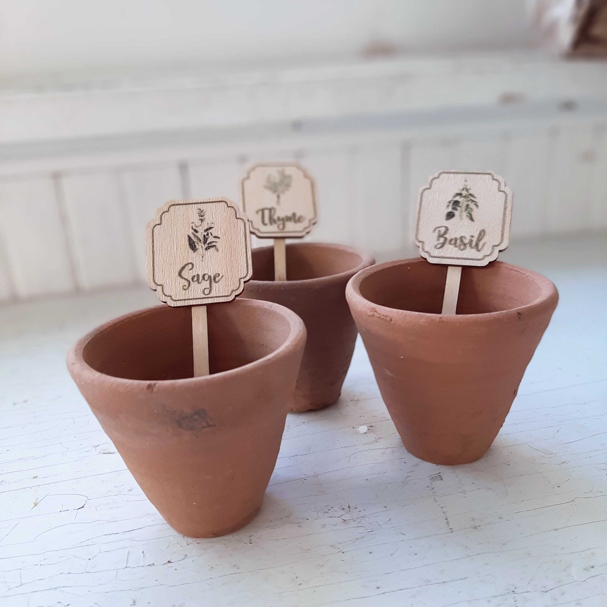 Our Mini Terracotta Pots make a great accent for any shelf or tabletop. Each pot looks weathered and worn, as though it was just found in the corner of an old potting shed. Start seeds or stack them on a shelf for a rustic look. Pots do not include hole for drainage. Set of three. Herb Markers sold separately. Color and shape may vary. 2.75" Diam x 2.5"H