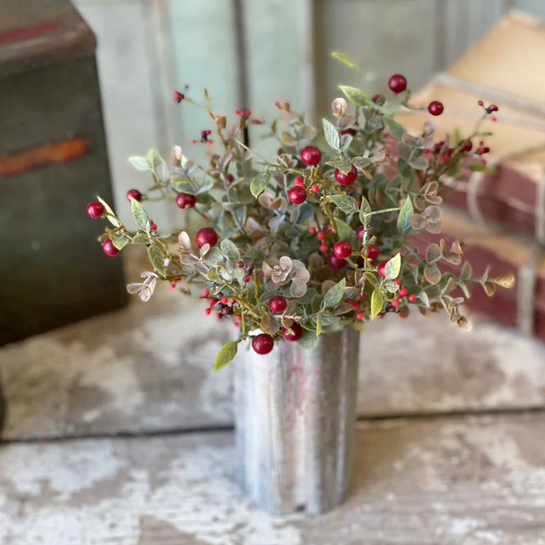 Add an elegant, earthy touch to any bowl, basket or pot with our Red Berries and Eucalyptus Bush. The soft, muted grey/green tones of this Eucalyptus combined with Red Berries lends festive charm to any room in your farmhouse. This faux bush tucks easily in any bowl or basket to create a farm table centerpiece that will look beautiful in any season. Vase not included