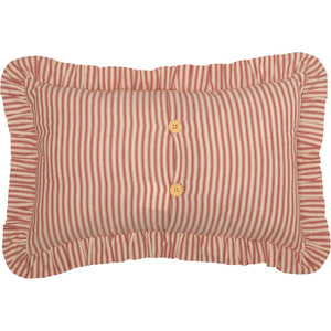 Add instant vintage charm to any room with our Red Ticking Stripe Accent Pillow. The ruffled edges lend a sweet cottage feel. County red and tan ticking stripes give this accent pillow timeless style. Includes two wood buttons on the back for easy removal. 100% Cotton. Machine Wash. Includes pillow insert. 22"L x 14"H