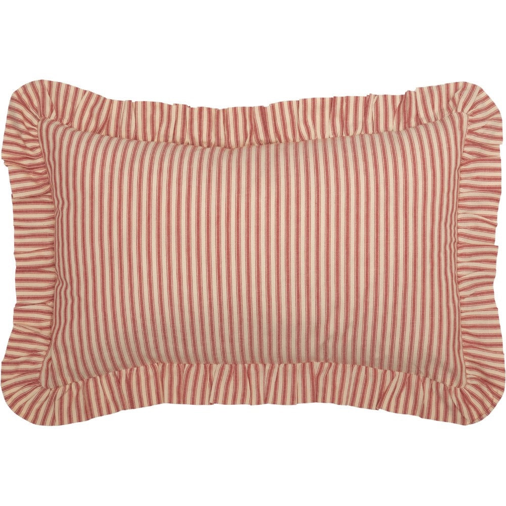 Add instant vintage charm to any room with our Red Ticking Stripe Accent Pillow. The ruffled edges lend a sweet cottage feel. County red and tan ticking stripes give this accent pillow timeless style. Includes two wood buttons on the back for easy removal. 100% Cotton. Machine Wash. Includes pillow insert. 22"L x 14"H