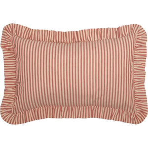 Add instant vintage charm to any room with our Red Ticking Stripe Accent Pillow. The ruffled edges lend a sweet cottage feel. County red and tan ticking stripes give this accent pillow timeless style. Includes two wood buttons on the back for easy removal. 100% Cotton. Machine Wash. Includes pillow insert. 22"L x 14"H