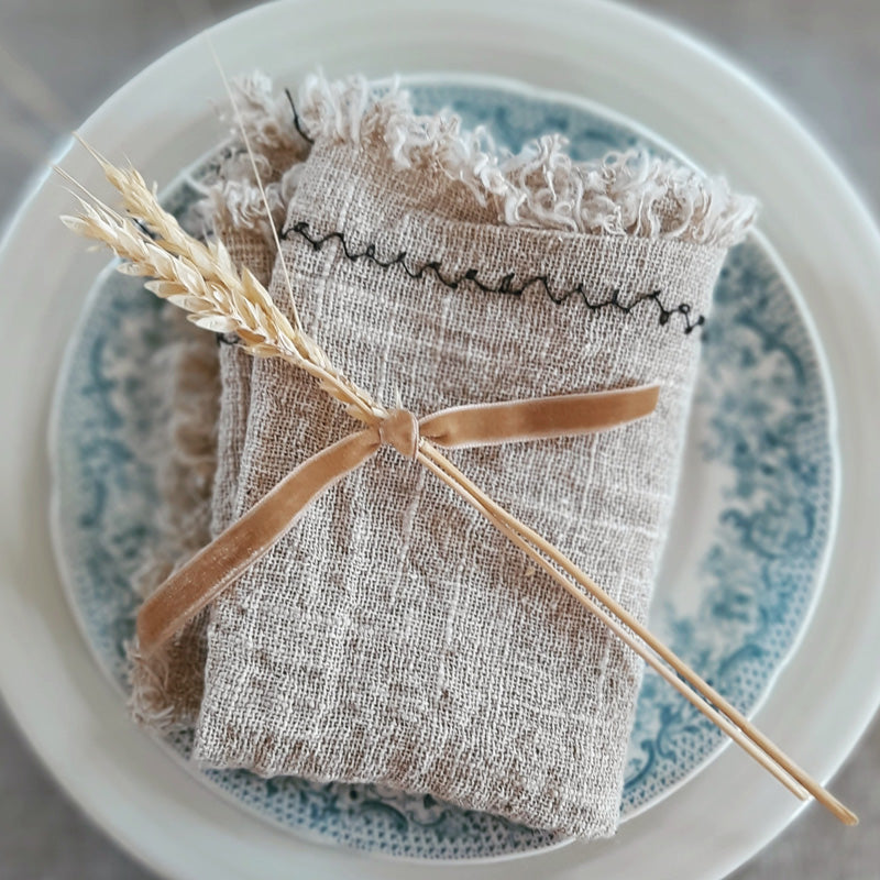 Rustic Linen Napkin with Black Stitching