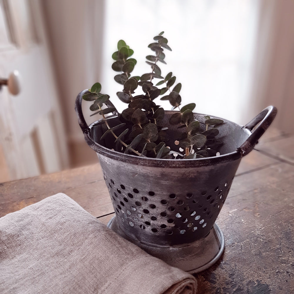 Made of galvanized metal, our Rustic Tin Colander is a decorative colander with a weathered, distressed finish. It has a widened base, a repeating hole pattern, and a pair of carrying handles. Create the perfect centerpiece for your farm table or add to any kitchen shelf for instant charm. This Rustic Tin Colander makes the ideal display for dried flowers, potpourri, decorative eggs