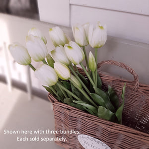 Add a cheerful touch of spring to your home with these sweet Tulip Bouquets. The lushly layered petals and real-touch quality will brighten any room. This bouquet comprises five faux tulips and fresh green foliage. The flowers stand 16 inches tall and have a lifelike beauty. These faux florals will inspire lots of great ideas for any home stylist looking for natural accents without a lot of maintenance. Bunch includes five stems tied with natural raffia. 16” H