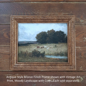 This Vintage Art Print, Moody Landscape with Cows adds an enchanting charm to any room. This countryside pasture evokes a tranquil feeling. The art is printed on high quality card stock with archival ink. Original art has been digitally retouched to preserve characteristics, grain and cracks. Image size: 10"x 8". Print only. No frame included.
