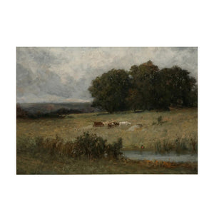 This Vintage Art Print, Moody Landscape with Cows adds an enchanting charm to any room. This countryside pasture evokes a tranquil feeling. The art is printed on high quality card stock with archival ink. Original art has been digitally retouched to preserve characteristics, grain and cracks. Image size: 10"x 8". Print only. No frame included.