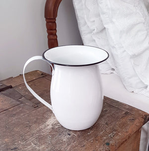 Vintage Small White Enamel Water/Milk Pitcher with Black Enamel Trim and  Handle