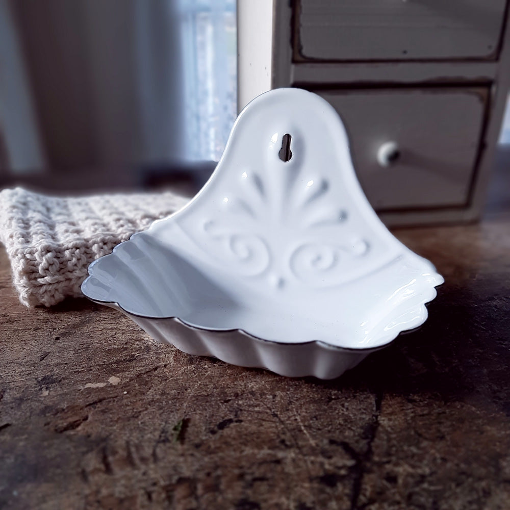 Perfect for small farmhouse bathrooms that lack counter space, our White Enamel Wall Mounted Soap Dish is inspired by flea market finds. It also makes a great sponge holder to keep by the kitchen sink. 