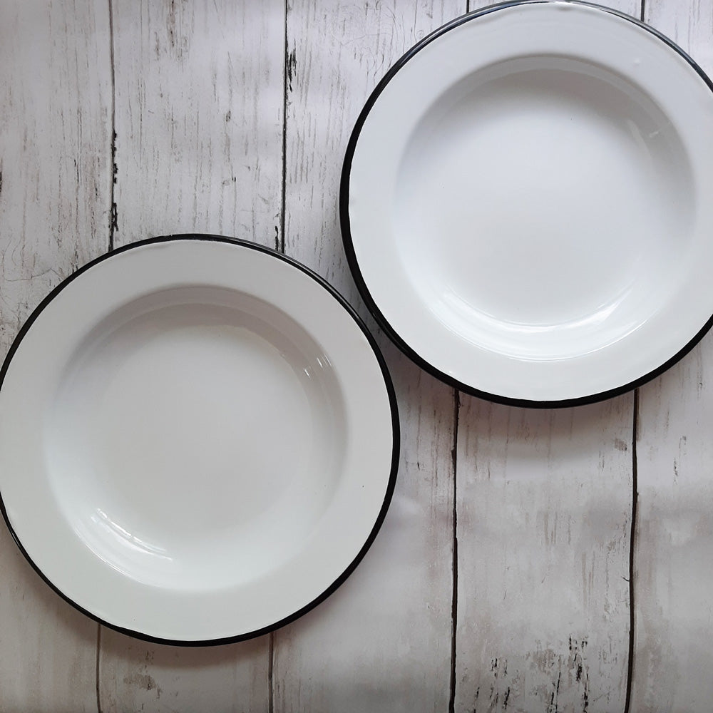 K&K Interiors Set of 2 Wooden Black and White Striped Plates with Enamel Inside