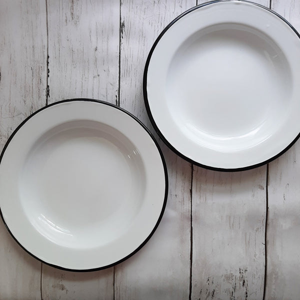 White Enamel Salad Plates with Black Rims, Set of Two