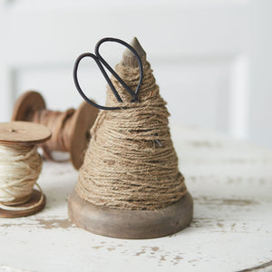 Add vintage style to your potting shed or craft room with this Wood Spindle Twine Holder and Scissors. It comes with twine and the pair of antique reproduction scissors. The wood spindle makes a great accent for anyone that loves the white and wood farmhouse look.  5½" dia. x 8"H.